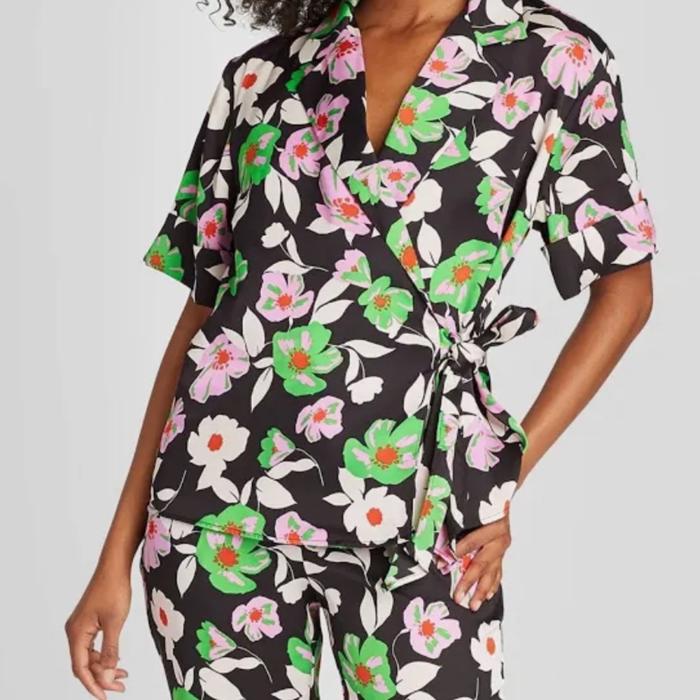 Who What Wear Black Floral Wrap Top with Pink & Green Flowers